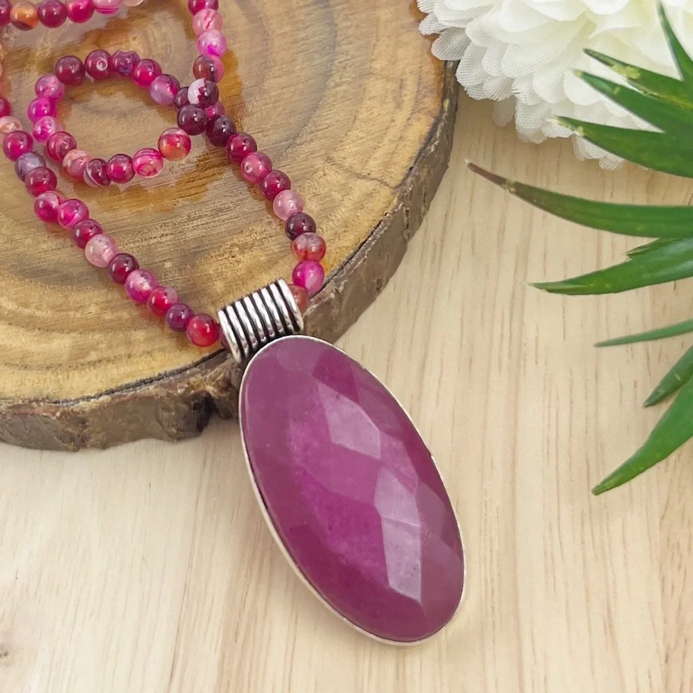 Ruby Tourmaline Pendant Solid Sterling Silver 925 and 4mm Agate Necklace New - Picture 2 of 6